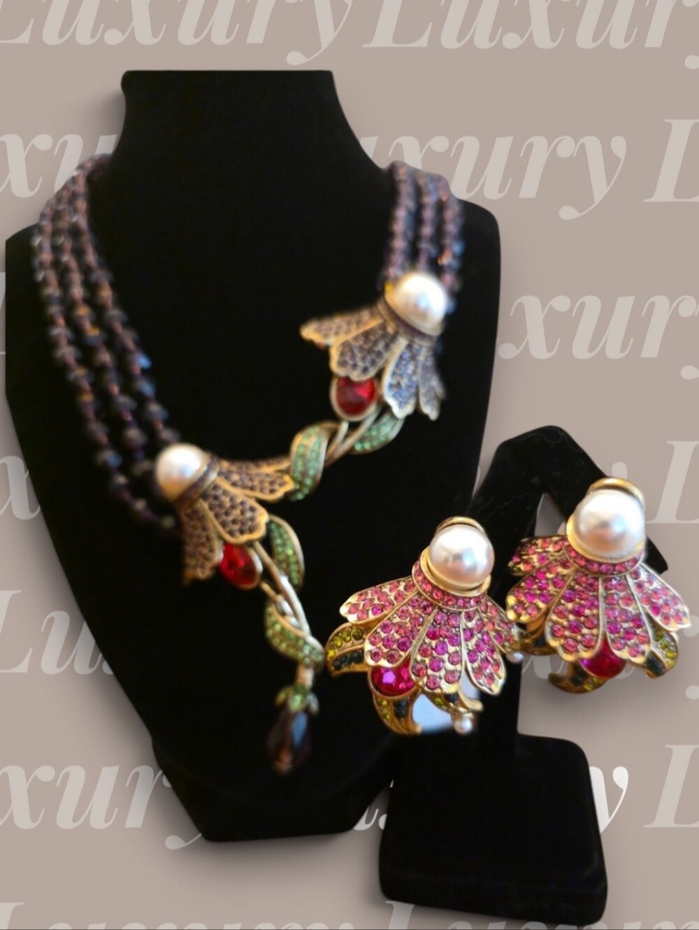 Heidi Daus "Echinacea Flower" Triple Strand Beaded Crystal Floral Drop Necklace